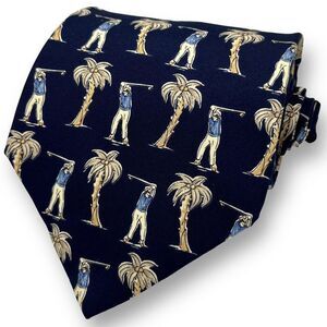 NAUTICA Men’s Blue Designer Whimsical Palm Tree Golf 100% Silk Novelty Tie